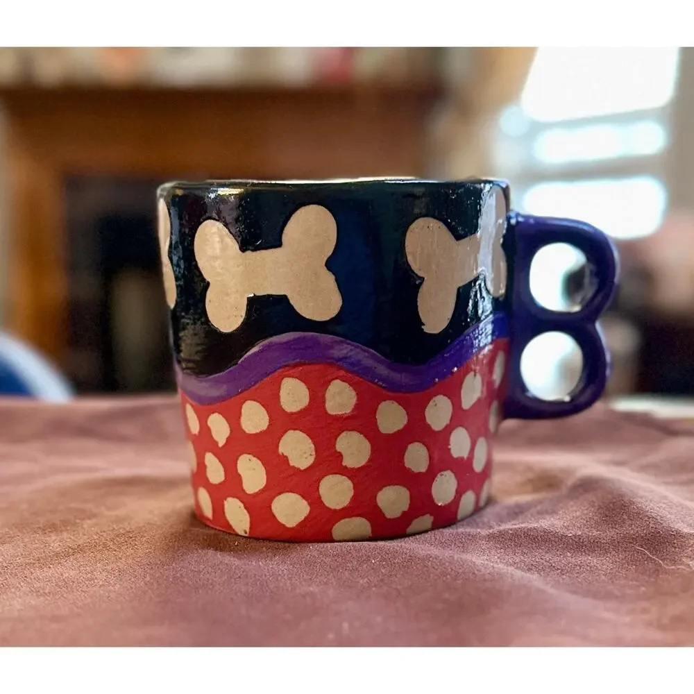 Hand Painted Pottery Stoneware Mug Cup Dog Bone & Polka Dot Signed MMB By Artist